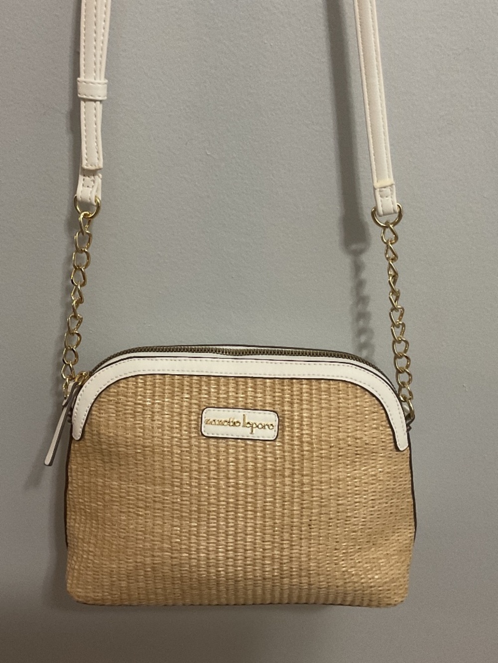 Nanette Lenore White Leather/Straw Crossbody Shoulder Bag, Small